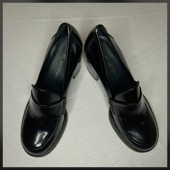 Stuart Weitzman Black Patent Leather Block Heel Loafers| Size 8 - Picture 1 of 14
